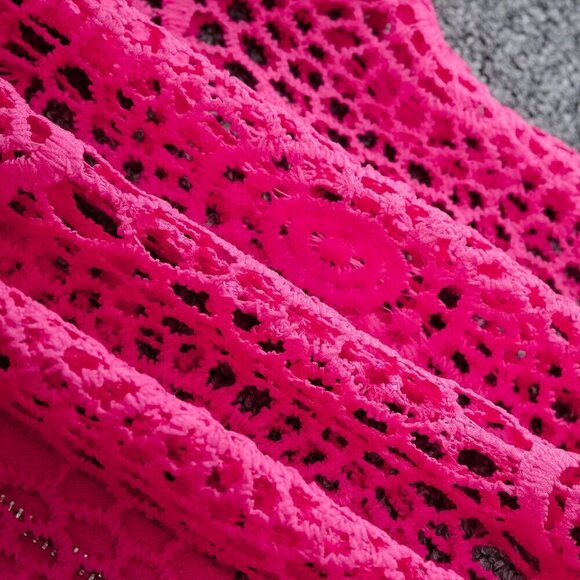 Hot Pink Elegant Women's Floral Lace Hollow Zipper Front Long Sleeve Blouse - Picture 5 of 6